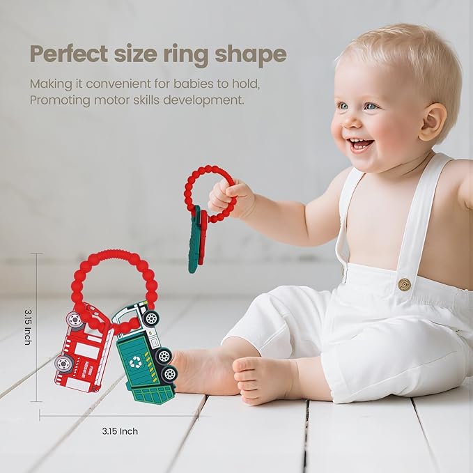 Silicone Baby Ring Toy with Fire Truck,Garbage Truck Teethers,Must Haves Teething Relief Chew Toys for 0-6,6-12 Months Boys and Girls,Newborns Essentials,Safe and Soft,BPA Free.