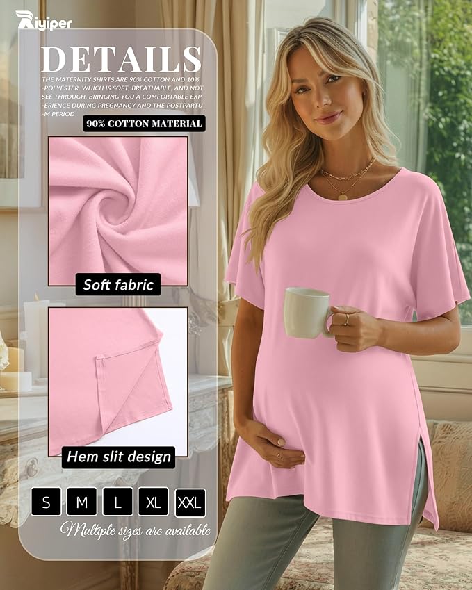 Riyiper 3 Pack Women's Maternity Tunic Shirts Cotton Summer Pregnancy Clothes Loose Oversized Split Side Blouse Tops