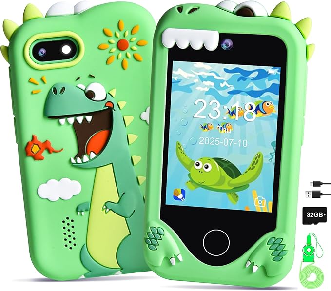 Kids Smart Phone for Boys, Dinosaur 2.8“ Touchscreen Toy Phones Christmas Birthday Gift for Boy Ages 3-9, Toddler Play Learning Cell Phone with Dual Camera, Game, MP3 Player, 32GB Card, Green