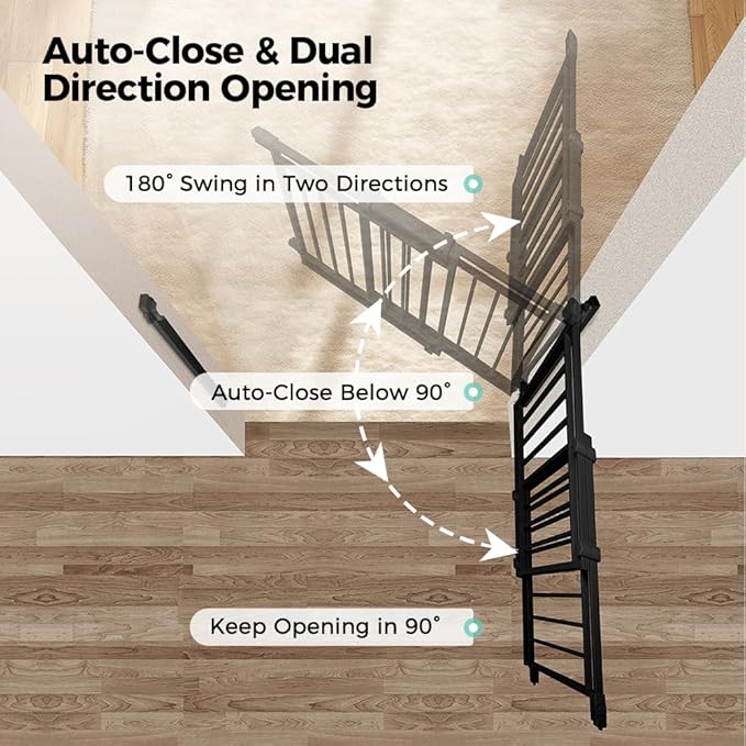 COMOMY 27.5-43" Baby Gate No Bottom Bar for Stairs and Doorways, 2-in-1 Auto Close Dog Gate Indoor for the House, Hardware Mounted Pet Gate with Large Walk Thru Door, Child Safety Gate for Dogs, Black