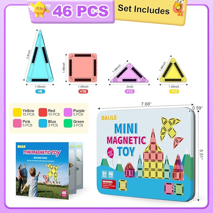 46PCS Mini Magnetic Tiles, for Kids, Portable Magnetic Toys Travel Set with Iron Case for Kids Ages 4-8,Creativity Boosting Building Toys Set,Toddler Puzzle for Boys and Girls Ages 3+