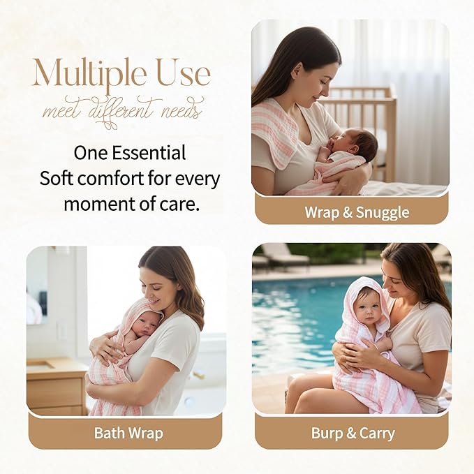 Muslin Hooded Baby Towel 4 Pack, 100% Organic Premium Cotton, (2) 6-Layer 32x32 Bath Towels & (2) Washcloths, Soft Newborn & Infant Gift Set (Pink Stripe & White)