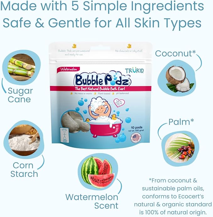 TruKid Bubble Podz Bubble Bath for Kids, Toddlers, & Babies, Tear Free Gentle & Refreshing Bath Bomb for Sensitive Skin with Natural Moisturizers, Non-Toxic, pH Balanced, Watermelon Scent (24 Podz)