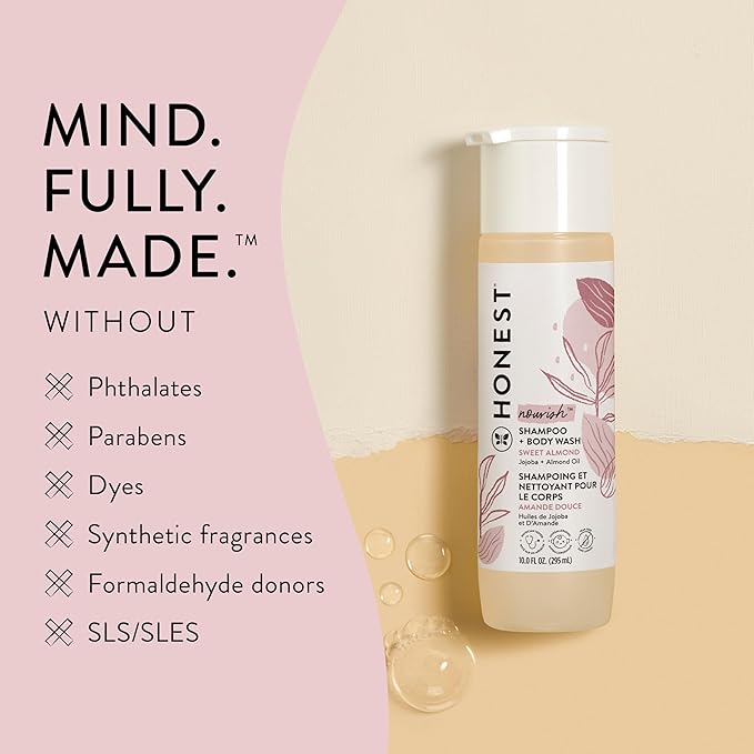 The Honest Company 2-in-1 Cleansing Shampoo Body Wash Gentle for Baby, Naturally Derived Tear-free, Hypoallergenic, Sweet Almond Nourish, 18 fl oz