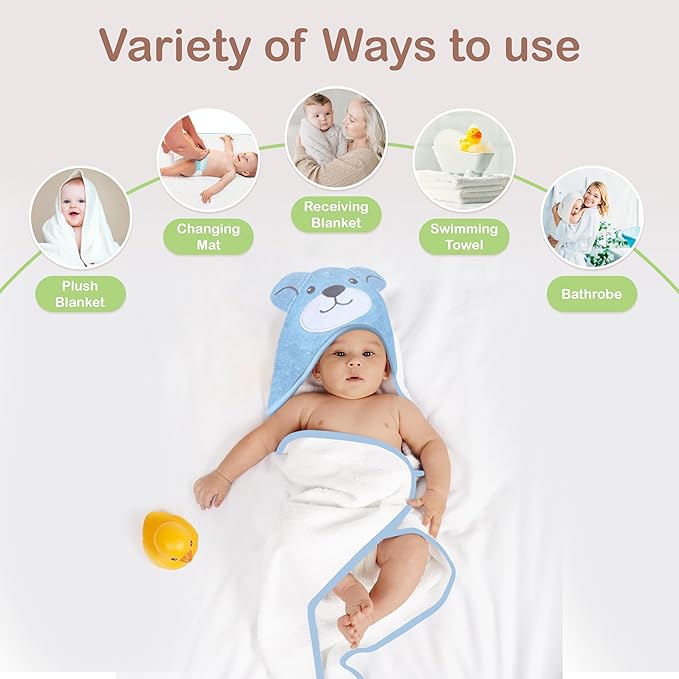 Mother's Choice Organic Hooded Toddler Towels – Large Cotton, Ultra-Soft & Absorbent Baby Towels for Newborns, Infants, Toddlers, Boys & Girls with Animal Hood (Blue Bear)