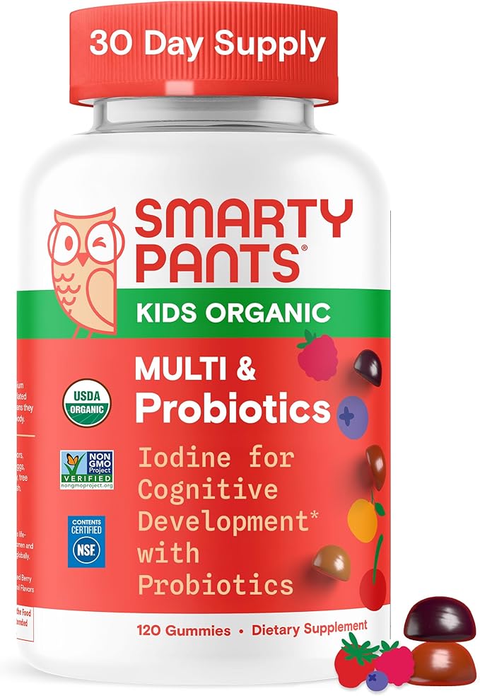 SmartyPants Organic Kids Multivitamin Gummies: Probiotics, Omega 3 (ALA), Vitamin D3, C, Vitamin B12, B6, A, K & Zinc for Immune Support, Biotin, Three Fruit Flavors, 120 Count (30 Day Supply)