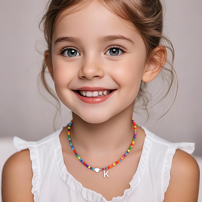 Valentines Day Gifts for Kids Women Girls - Colorful Beaded Initial Necklace Teen Girls Trendy Stuff Dainty Letter Choker Necklace Valentines Day Gifts for Her Mom Wife Jewelry