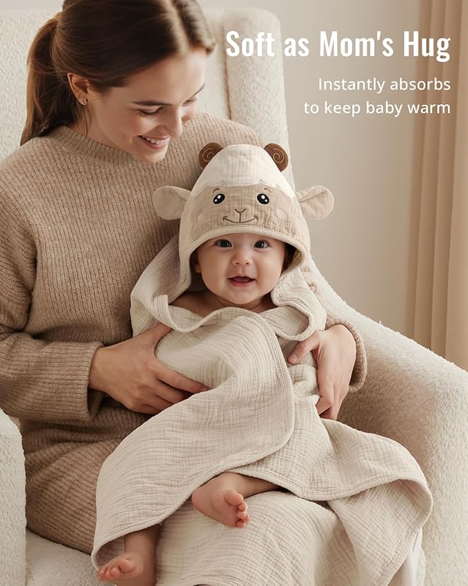 Blissful Diary Muslin Baby Hooded Towel 1 Pack, Soft & Absorbent Bath Towel for Infant, Toddler, Unisex, Baby Gift, Newborn Essentials, Gentle Lamb