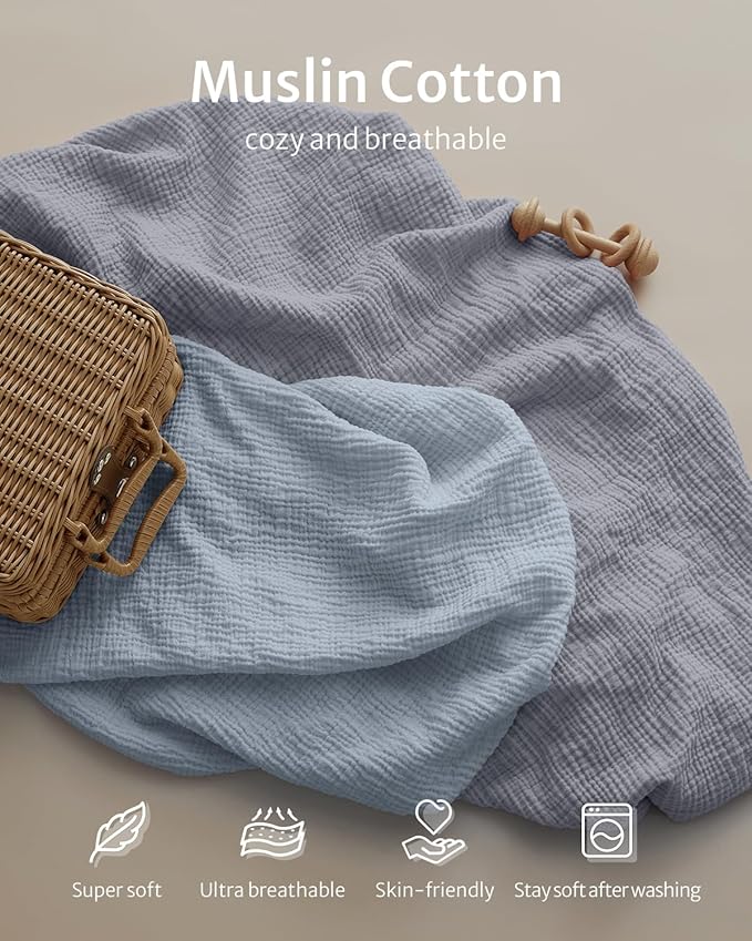 Blissful Diary Muslin Mini Crib Sheets, Pack and Play Mattress Sheets Fitted for Pack N Play, Soft Cotton for Boys Girls, 2 Pack(Light Blue&Grey)