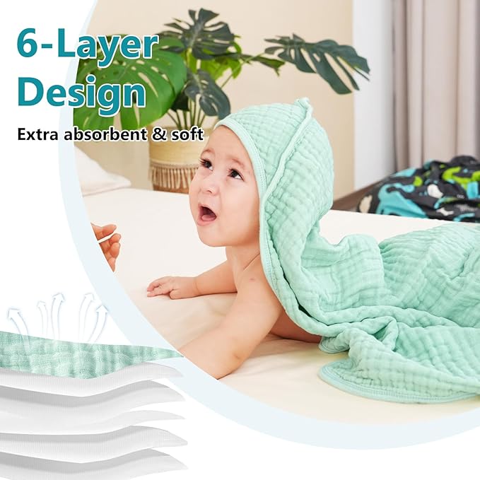 PHF 2 Pack Baby Hooded Towels, 100% Muslin Cotton Baby Bath Towel with Hood for Newborn, Infant, Toddler, Ultra Soft and Absorbent Baby Essentials Bath Towels for Boys Girls, 32x32Inch, Beige & Green
