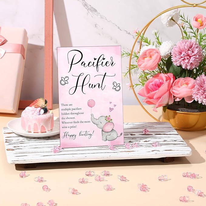 Roowest 51 Pcs Elephant Pacifier Hunt Baby Shower Game Include Wooden Pacifier Hunt Sign 50 Acrylic Pacifiers for Gender Reveal Party Games Favors Supplies(Pink)