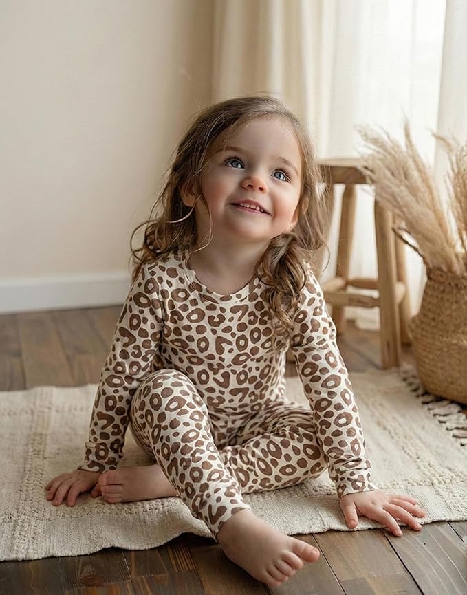 moimoln Baby Toddler Pajama Set Snug-Fit Cotton Modal Sleepwear, Leopard, Check & Solid Mix (6M-8Y, 1/2 Pack)