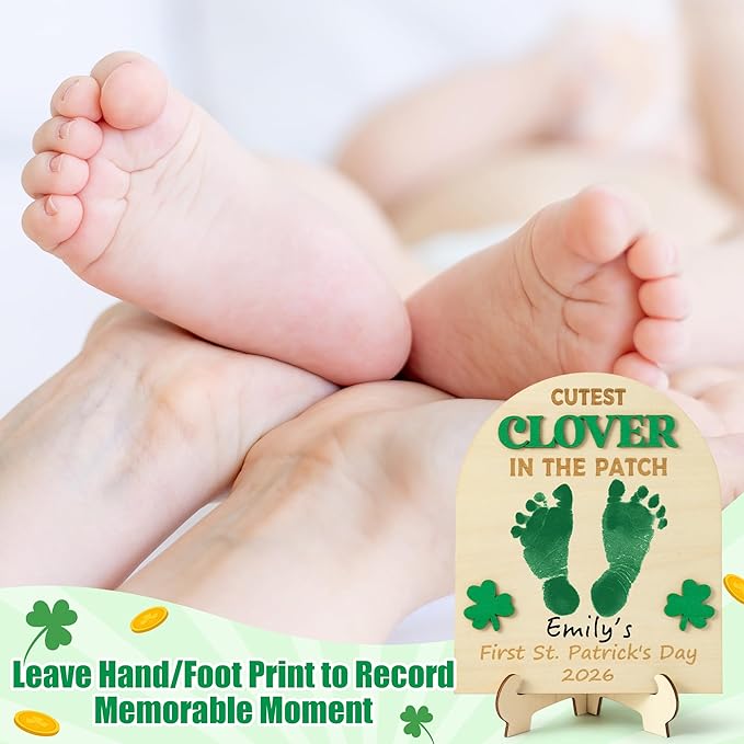 R HORSE DIY Baby’s First St. Patrick’s Day Footprint or Handprint Art Sign with Ink Pad, 3D Shamrock Newborn Milestone Keepsake Craft Gift, St. Patrick's Day Baby Shower Decoration Nursery Photo Props