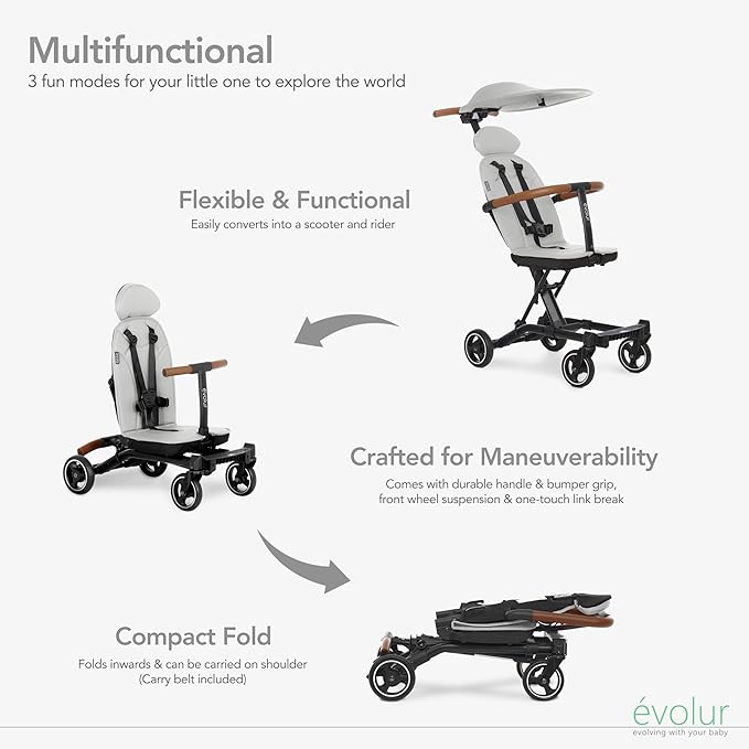 evolur Cruise Rider Stroller with Canopy, Lightweight Umbrella Stroller with Compact Fold, Easy to Carry Travel Stroller - Koala Gray