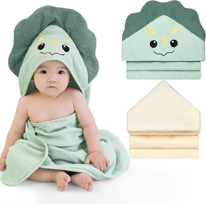 Unicorn Castle Hooded Baby Towels 2Pack 100% Muslin Baby Bath Towels for Newborn Animal Design Ultra-Soft Baby Girl Boy Bath Essentials 30 X 30 Inch,Green Dinosaur - Beige