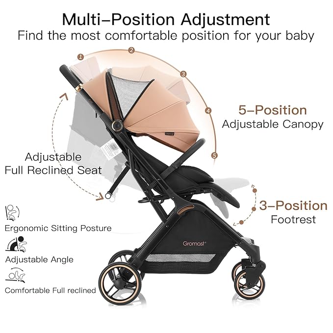 Gravity Folding Baby Stroller - Portable Travel Toddler Stroller w/Adjustable Backrest, Canopy & Cup Holder, Lightweight and UV Protected, One-Hand Automatic Folding - Khaki