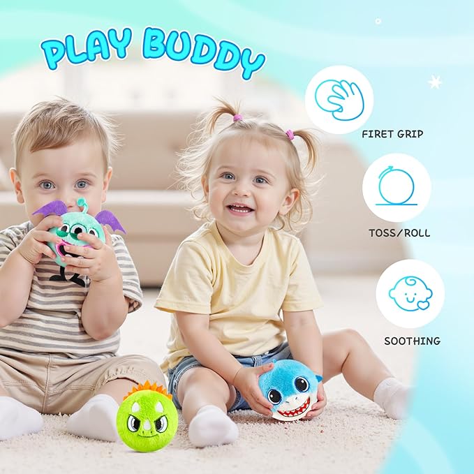 ZOOJOY 3 Pcs Plush Bouncy Balls for Toddlers and Kids, 3-Inch High Bounce Sensory Toys Featuring Dinosaur, Shark & Monster, Soft Game Balls Gift for Boys 6 Months+, Indoor & Outdoor Play