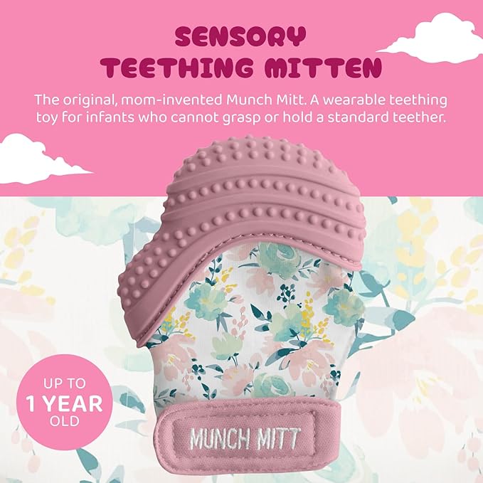 Malarkey Kids Patented Teething Mitten, Munch Mitt Baby Chew Toy - Protects Hands from Chewing & Saliva, Heals Aching Gums, Promotes Sound & Visual Stimulation for Babies - Pink Floral