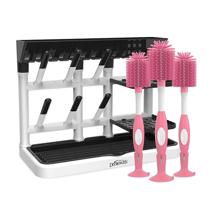Dr. Brown's Drying Tower, Stand-Up Rack with Soft Touch No Scratch Baby Bottle Cleaning Brush, Pink
