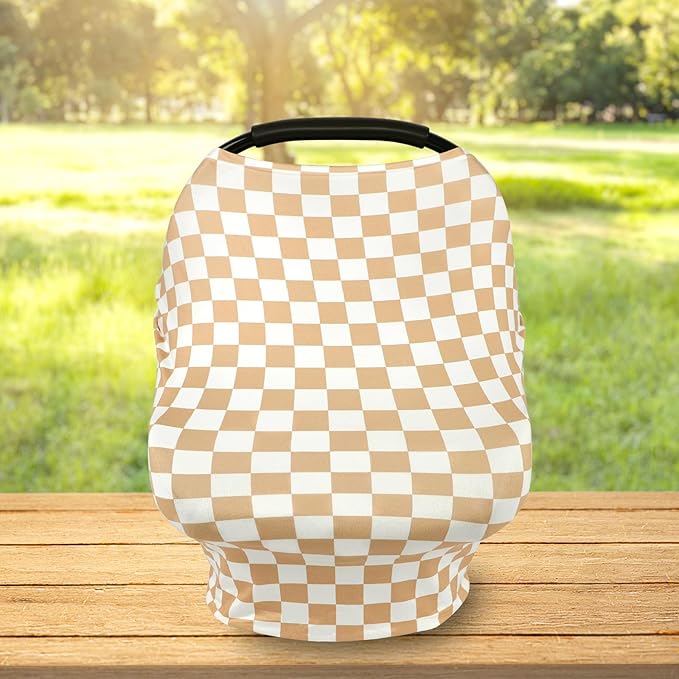 TANOFAR Car Seat Cover for Baby, Multi-Use Cover Carseat Canopy, High Stretchy & Breathable Infant Carseat Cover, Shower Gifts for Unisex Boys and Girls (Light Brown Checkerboard)