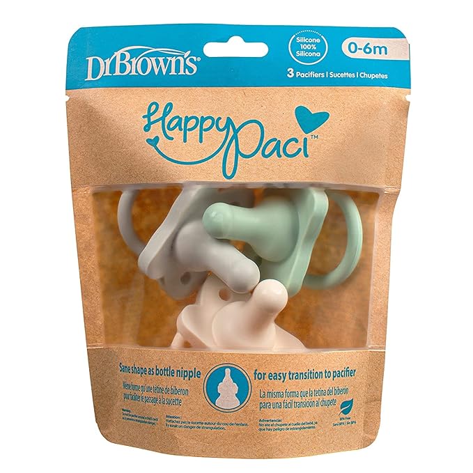 Dr. Brown's HappyPaci 100% Silicone Baby Pacifier, Contoured One-Piece Design, Gray/Green/Ecru + Light Pink/Pink/White, 0-6m, BPA-Free, 6-Pack