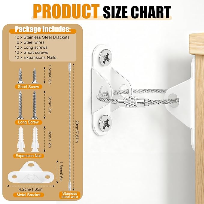 6-Pack Furniture Anchors for Baby Proofing, Anti Tip Straps Safety Kit to Prevent Dresser, Bookshelf, Cabinet from Tipping Over for Child & Pet Safety