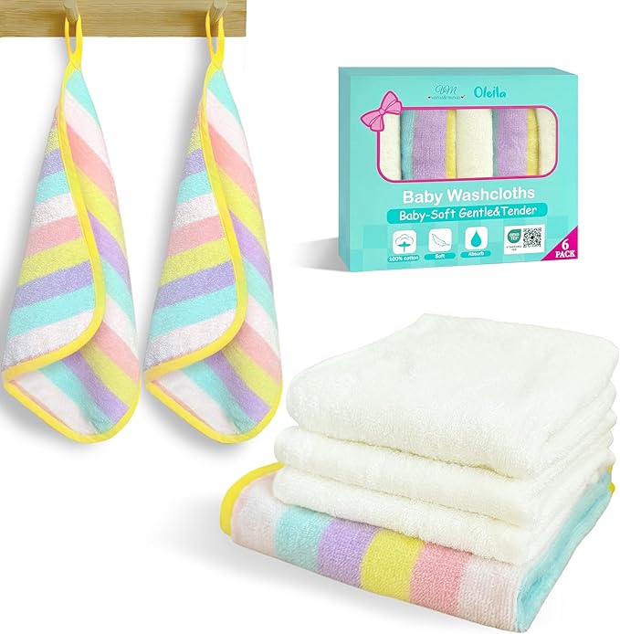 VOOVA & MOVAS Rainbow & Ivory Baby Washcloths | 12x12 Inches | Highly Absorbent | 6 Pack 100% Cotton | Ultra-Soft Newborn Towels | Perfect Set,Baby Essentials |Rainbow & Ivory Colors