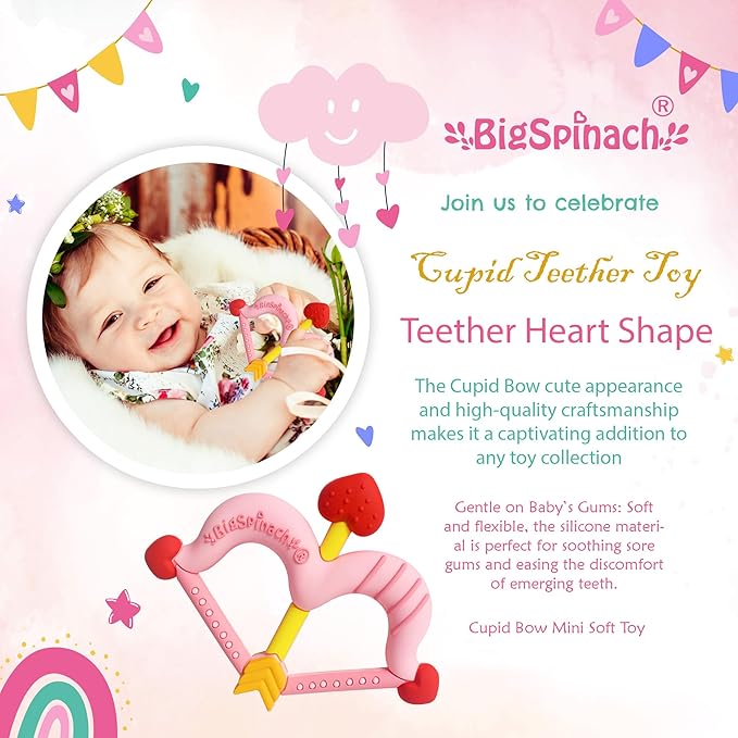 Teethers Heart Shape Silicone Baby Teether Toy Easy for Little Hands to Hold,Cupid Bow and Arrow Soft Teething Toy for Infants,Valentine's Gift for Girl or Boy (Pink)