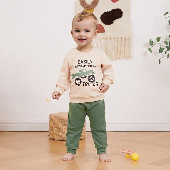 WZTYYDS Toddler Baby Boy Fall Clothes Letter Truck Long Sleeve Pullover Sweatshirt Tops Joggers Pants Set Winter Outfits