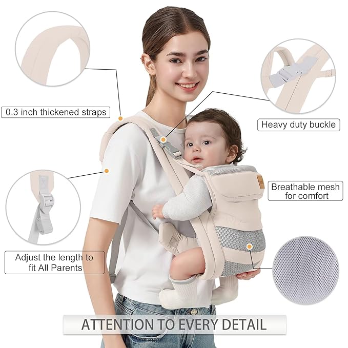 Baby Carrier Newborn to Toddler(7-30lbs), Toddler Carrier with Adjustable Shoulder Strap, Baby Holder Carrier with Breathable Mesh Fabric, Beige