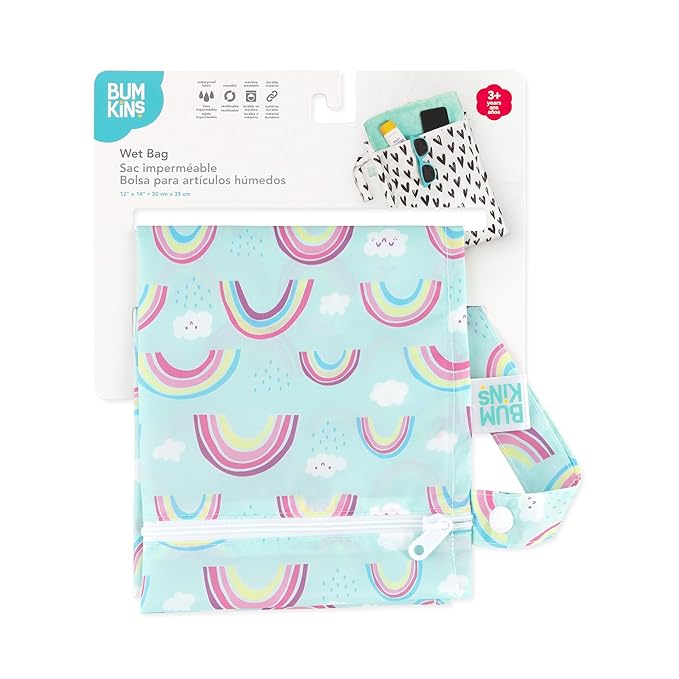 Bumkins Waterproof Wet Bag for Baby, Travel, Swim Suit, Cloth Diapers, Pump Parts, Pool, Beach, Gym Clothes, Toiletry, Hook to Stroller, Daycare, Zipper Reusable Wetdry Packing Pouch, Rainbows Blue