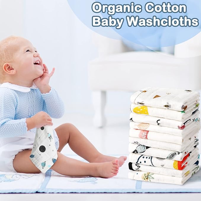 Chumia 20 Pack Baby Muslin Burp Cloths Baby Wash Cloths with Sensitive Skin 6 Layer Cotton Face Towels Bath Towel Absorbent for Toddler Kids Shower，10 x 10 Inch