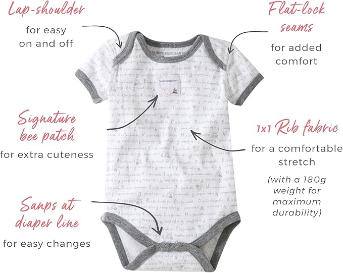 Burt's Bees Baby Bodysuits, Short Sleeve and Long Sleeve One-Pieces, 100% Organic Cotton, Pack of 5