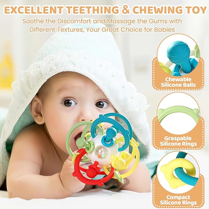 Baby Sensory Teething Toys, Baby Montessori Teether Toys for 0 3 6 9 12 18 Months, Silicone Tummy Time Toy with Rattle Ball for Newborn Infant, Learning Delopmental Gift for Boys Girls, Beige