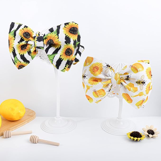 YanJie Hairband, Baby Girls Headband with Bow, Sunflower Printed, Wide Headbands, Elastic Hair Bow Headwrap, Knotted Headband, Newborn Infant Toddlers Hair Accessories, Bee, 2 Count