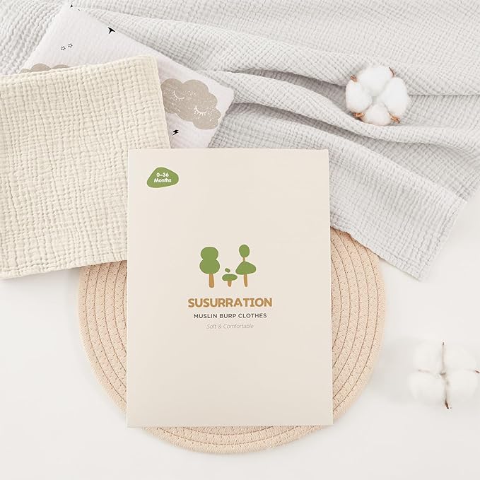 Susurration Muslin Burp Cloths 24x24 Inches Ultra Soft 100% Cotton, 4 or 7 Pack Baby Washcloths for Newborn, Absorbent Burp Rags & Swaddle Blankets