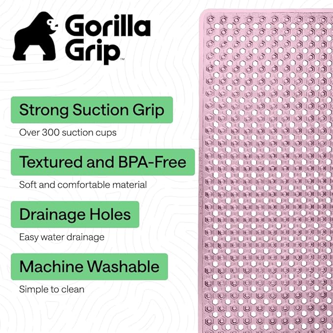 GORILLA GRIP Patented Bath Tub Shower Mat, Machine Washable Bathtub Floor Liner Mats, Suction Cups and Drain Holes to Keep Tubs Clean, Soft on Feet, Bathroom Essentials, 35x16 Inch, Clear Purple