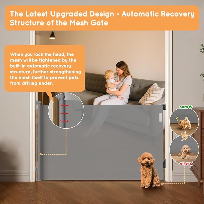 Retractable Baby Gate for Stairs, 55" Wide Mesh Pet Gate, Automatic Tension, One-Hand Operation, 38" Tall Baby Gates for Doorways, Hallways, Deck, Indoor Outdoor, Safe, Easy to Fit, Gray