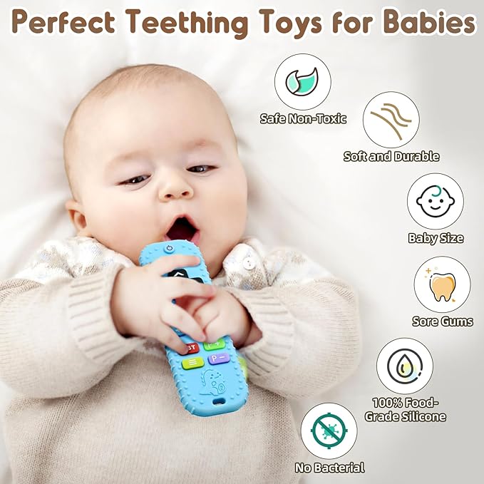 Teething Baby Toys 3-6 Months, Soft Silicone Remote Control Teethers Toys for Babies 6 to 12 Months, Teething Infant Chew Set for Newborn Boys Girls Baby Shower Gifts, Blue