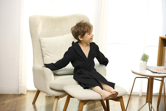 Organic Cotton Toddler Bathrobe, Soft and Breathable Baby Robe for Kid, Boy& Girl Hooded Robe Muslin