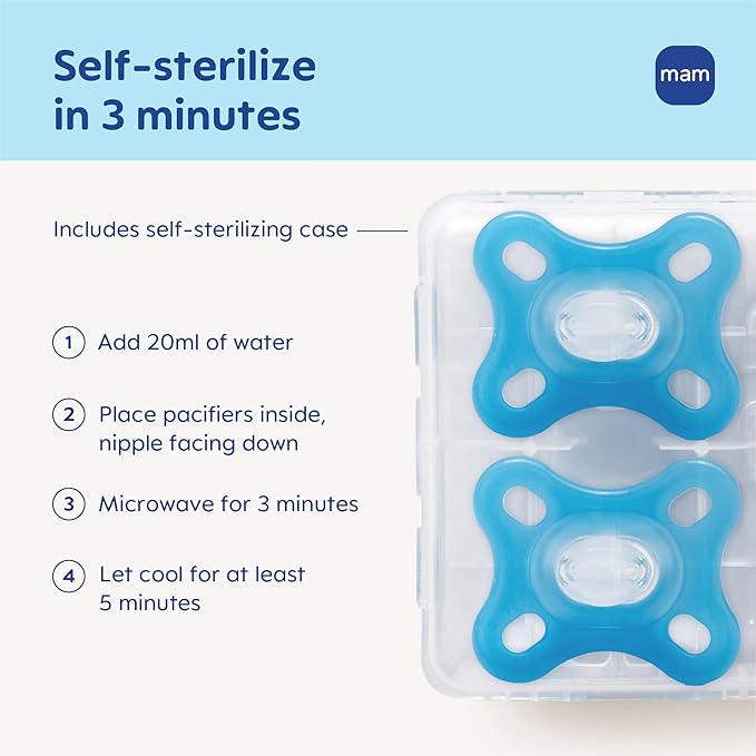 MAM Comfort Baby Pacifiers 0-3 Months Newborns, Lightweight One-Piece Full Silicone Binky, BPA-Free Nipple, Easy to Clean Pacifier, Best for Breastfed Babies, 2 Count, Sterilizer Case, Made in Europe