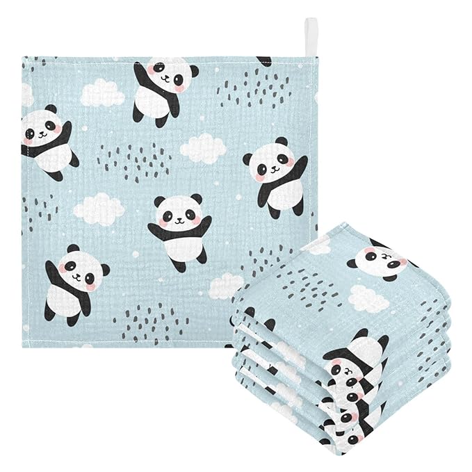 YETTASBIN Panda Muslin Baby Hand Washcloths, Soft Cotton Bath Face Towel, 4 Layers Extra Absorbent Feeding Burp Cloth for Newborn Infant, 5 Pack