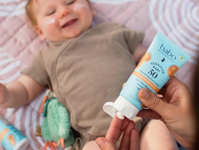 Babo Botanicals Sensitive Baby Mineral Sunscreen Lotion SPF50, Natural Zinc Oxide, Face & Body, Fragrance-Free, Water Resistant, EWG Verified, Vegan, Extra Sensitive Skin, For Babies/Kids (Pack of 2)