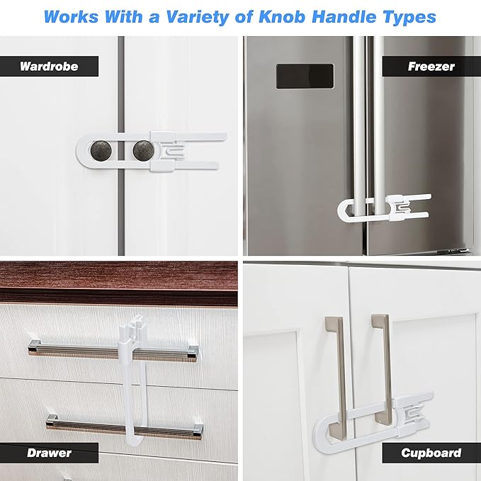 Vmaisi 20 Pack U Shaped Sliding Cabinet Locks Baby Proofing - Adjustable Child Safety Locks,Childproof Latches for Kitchen Bathroom Storage Cupboards Doors, Handles and Knobs White