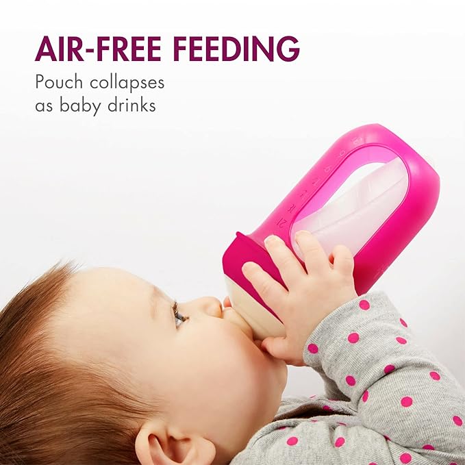 Boon Nursh Bottles - Silicone Baby Bottles Help Ease Colic Symptoms - Formula and Breast Milk Only Touch Food-Grade Silicone - Medium Flow - 8 Oz - Pink