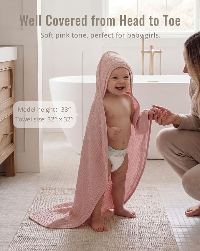 Blissful Diary Muslin Baby Hooded Towel 2 Pack, Soft & Absorbent Bath Towel for Baby Girls, Infant Gift, Newborn Essentials, Pink Floral & Light Pink