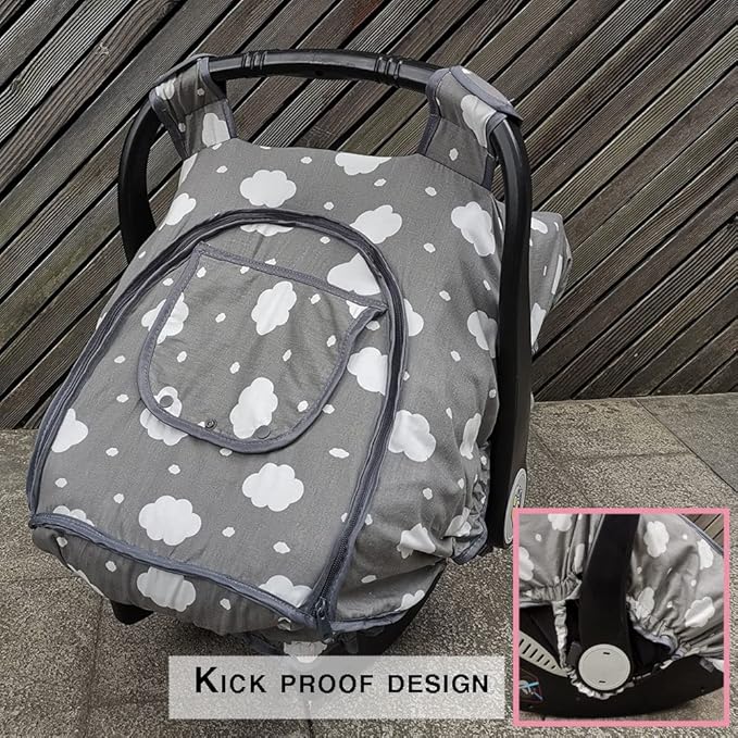 Carseat Cover for Baby, Baby car seat Covers for Infant car seat, Baby Carrier Cover Canopy, Window in Door Zipper Open, 2 Layers, Grey Cloud