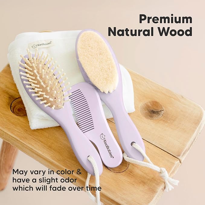 Baby Hair Brush Set for Newborns - Soft Goat Bristle Wooden Baby Brush and Comb Set Newborn Grooming Kit for Cradle Cap, Durable & Gentle, Boy, Girl Infant Essentials Care Kit (Oval, Thistle)