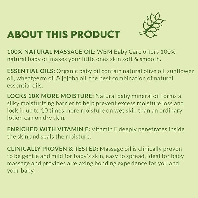 WBM Care Baby Oil | Moisturizing Baby Massage Oil | Mineral Oil-Free with 100% Natural Ingredients and Vitamin E | 10 oz for gentle care and nourishment