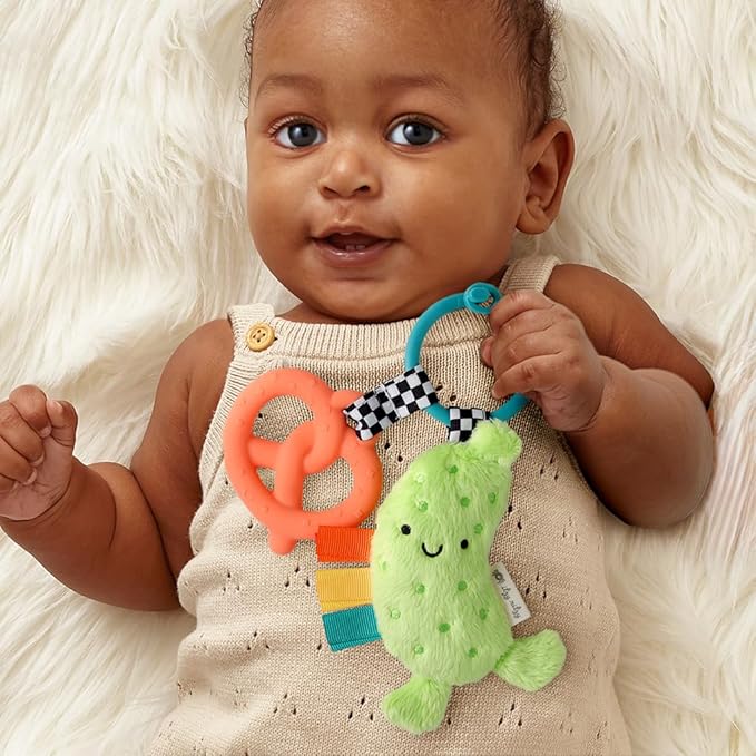 Itzy Ritzy Infant Toy & Teether - Itzy Pal Baby Teething Toy Includes Lovey, Crinkle Sound, Textured Ribbons & Silicone Teether for Newborn (Pickle)